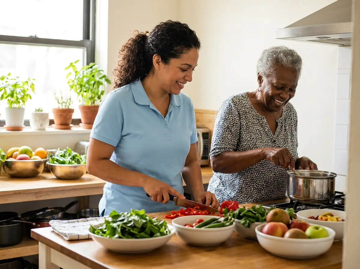 A Mary Angels caregiver supporting a senior at home