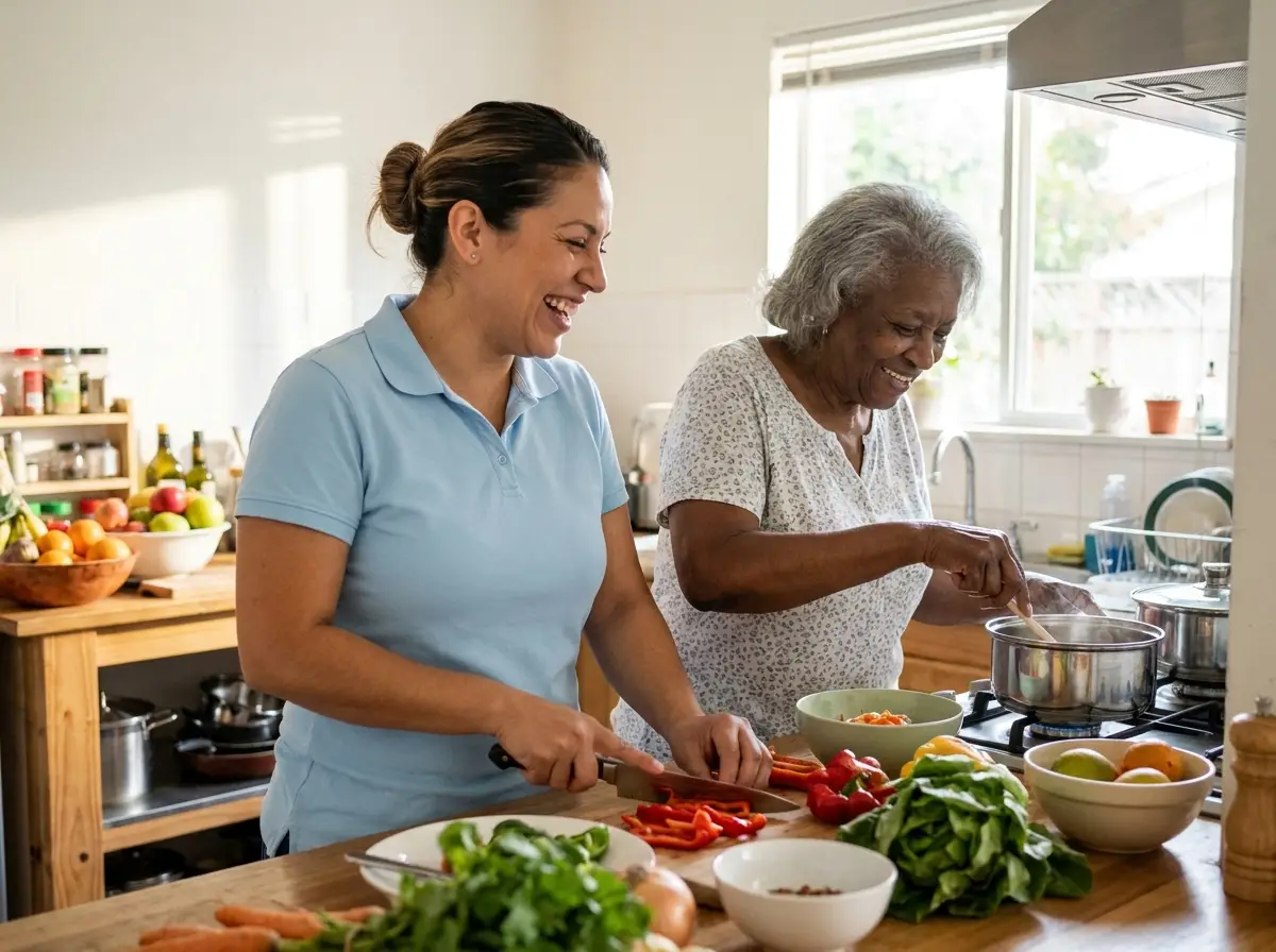 A Mary Angels caregiver supporting a senior at home