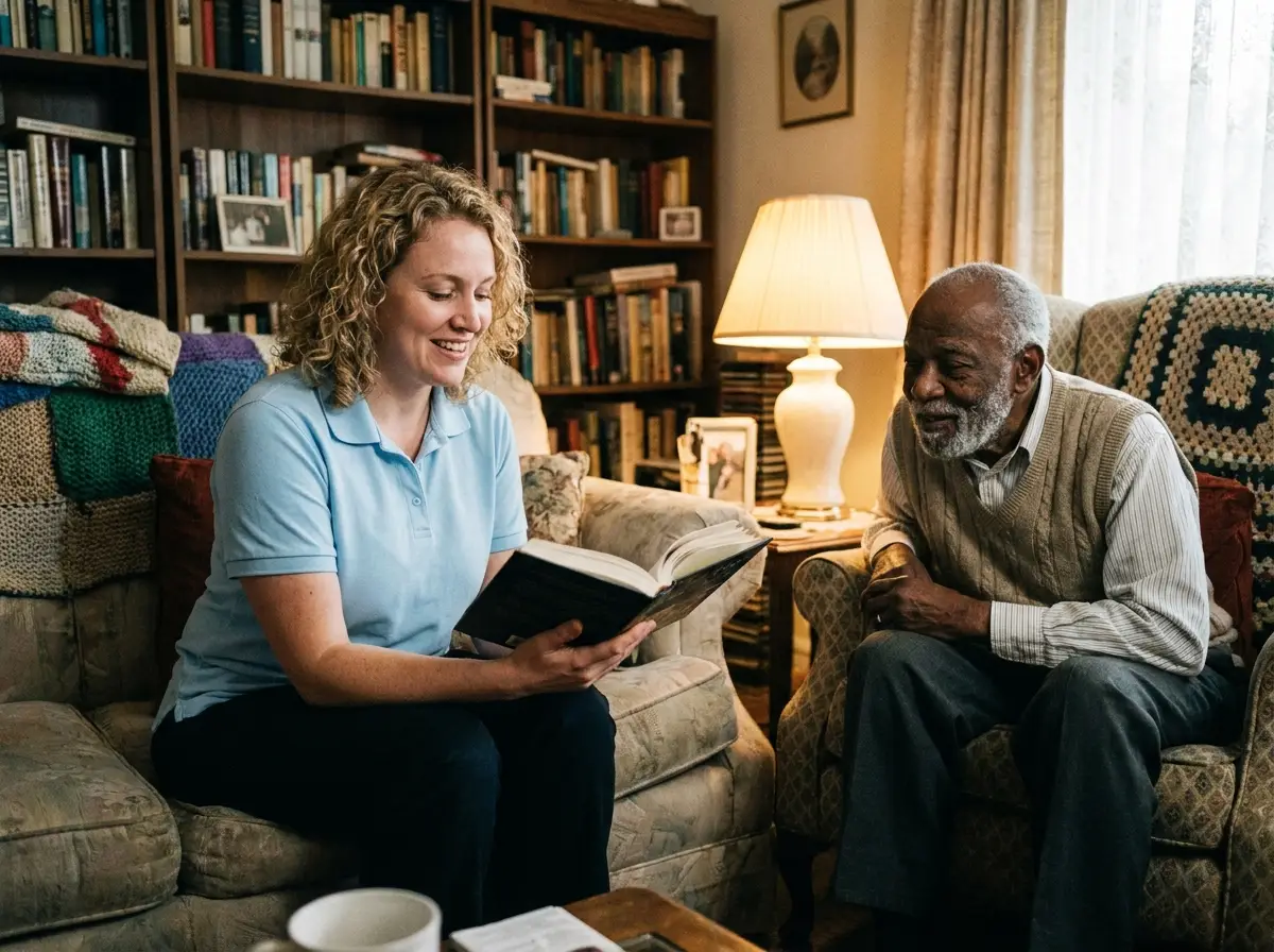 A Mary Angels caregiver supporting a senior at home
