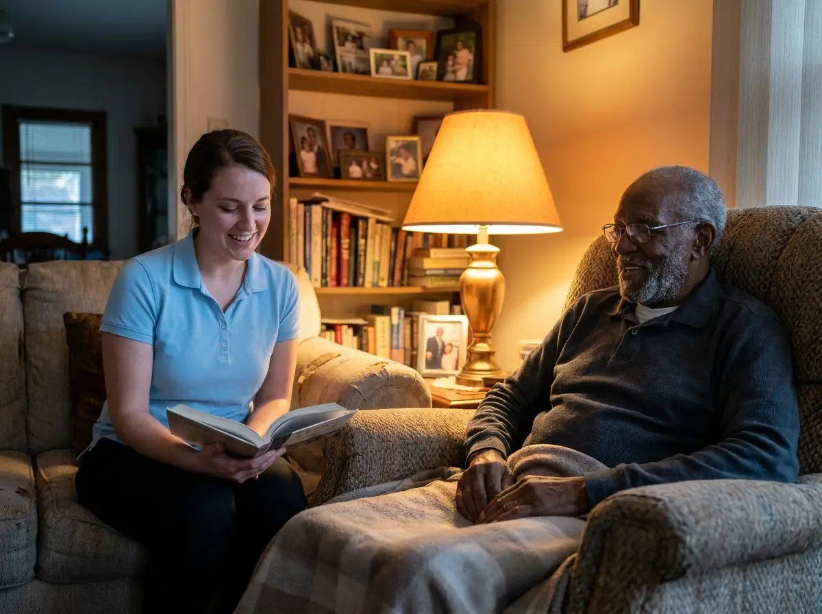 A Mary Angels caregiver supporting a senior at home