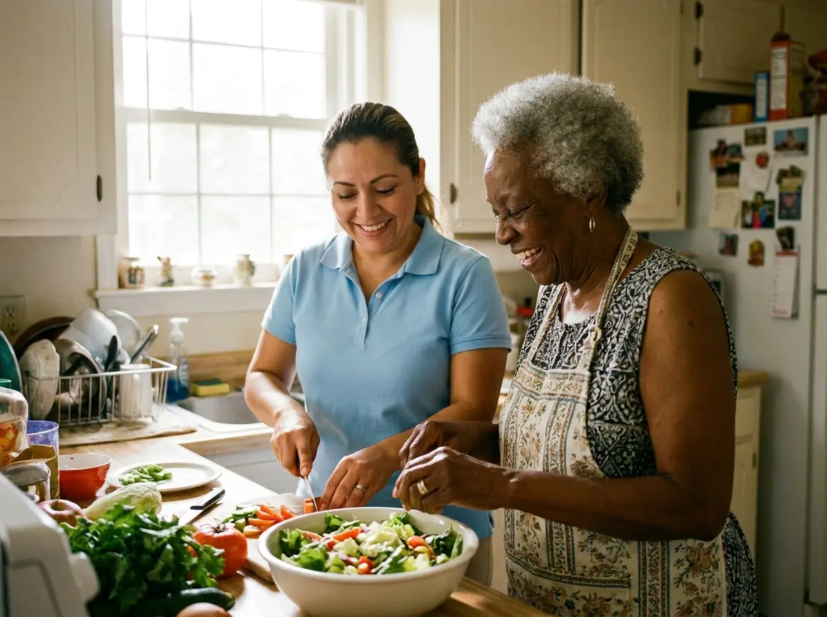 A Mary Angels caregiver supporting a senior at home